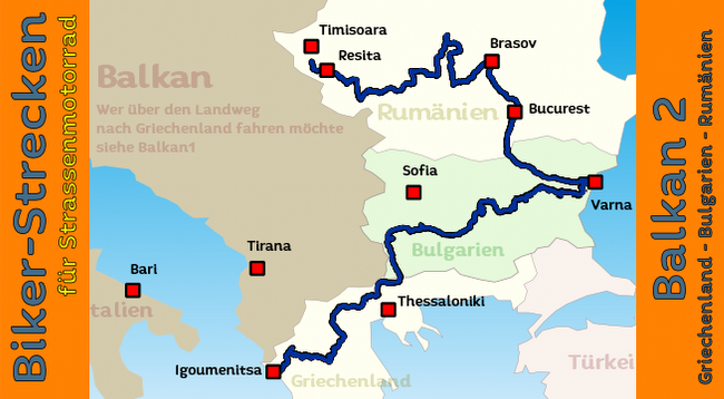 Tourenkarte für Motorradtour durch den Balkan ( Griechenland - Bulgarien - Rumänien)