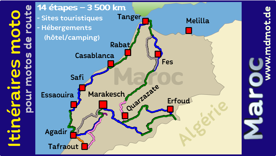 Carte générale du circuit moto au Maroc avec une moto de route Carte générale du circuit moto au Maroc avec une moto de route
