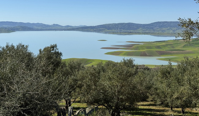 Panorama au bord du grand lac de barrage marocain Vue panoramique sur un grand lac de barrage au Maroc, entouré de collines et d’une route sinueuse