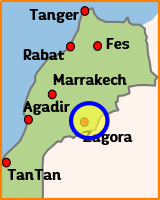 Carte générale de la huitième étape du voyage moto au Maroc, à travers le désert de pierres du sud jusqu'aux grandes dunes de sable du Sahara