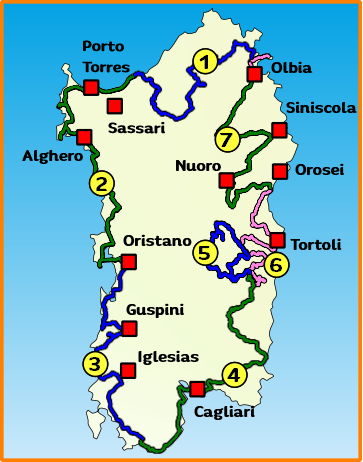 Tourenübersicht Landkarte Sardinien Motorrad