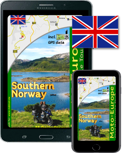 Motorcyclists riding along a scenic coastal road in Northern Norway, surrounded by dramatic fjords and mountains under the midnight sun.