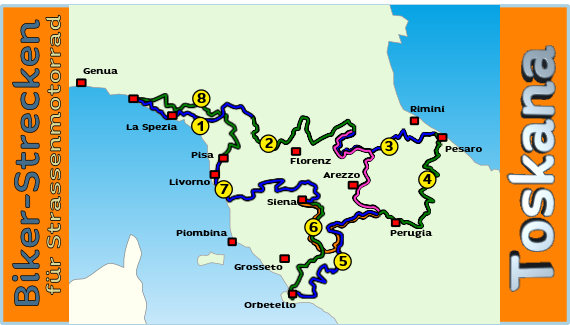 Tourenübersicht 6 - 8 Tagestouren durch die Toskana mit dem Motorrad